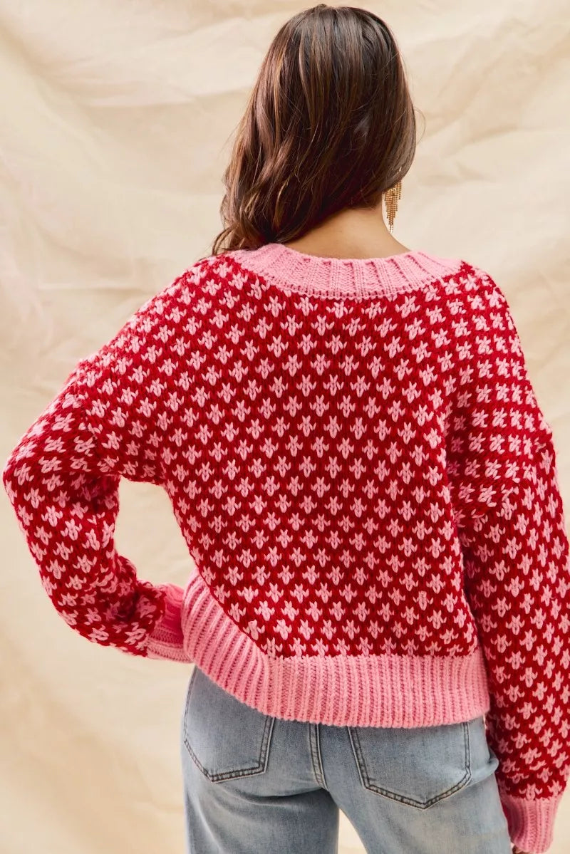 SO ME Color Block Textured Christmas Sweater V Neck Top-Sweaters-Trendsi-[option4]-[option5]-[option6]-[option7]-[option8]-Shop-Boutique-Clothing-for-Women-Online