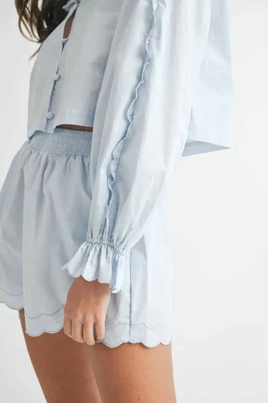 MABLE Long Sleeve Scallop Blouse and Shorts Set-Two Piece Shorts Sets-Trendsi-[option4]-[option5]-[option6]-[option7]-[option8]-Shop-Boutique-Clothing-for-Women-Online