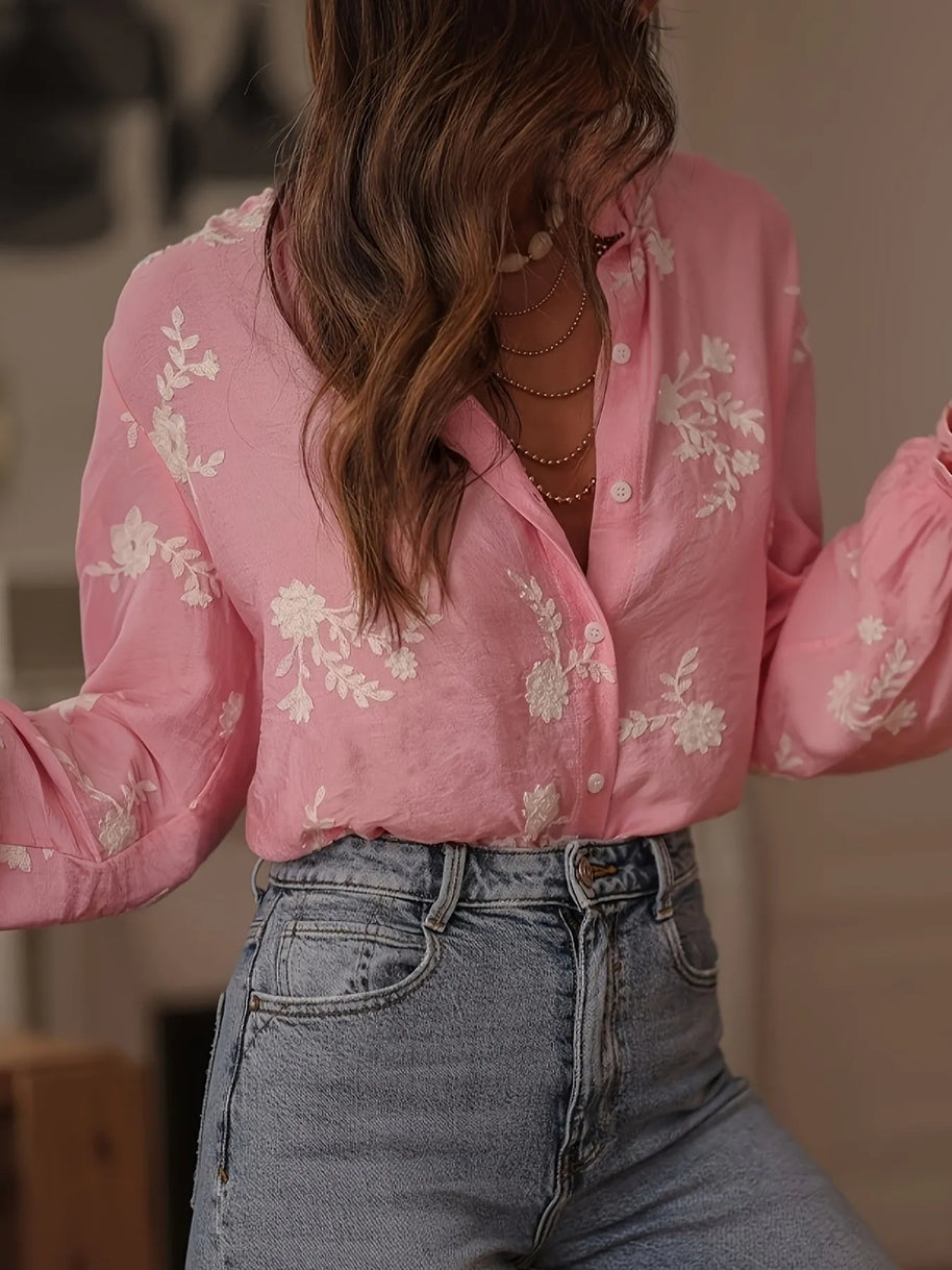 Flower Button Up Long Sleeve Shirt-Tops-Trendsi-[option4]-[option5]-[option6]-[option7]-[option8]-Shop-Boutique-Clothing-for-Women-Online