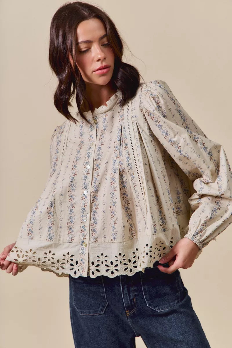 SO ME Floral Print Lace Button Down Shirt-Blouses-Trendsi-[option4]-[option5]-[option6]-[option7]-[option8]-Shop-Boutique-Clothing-for-Women-Online