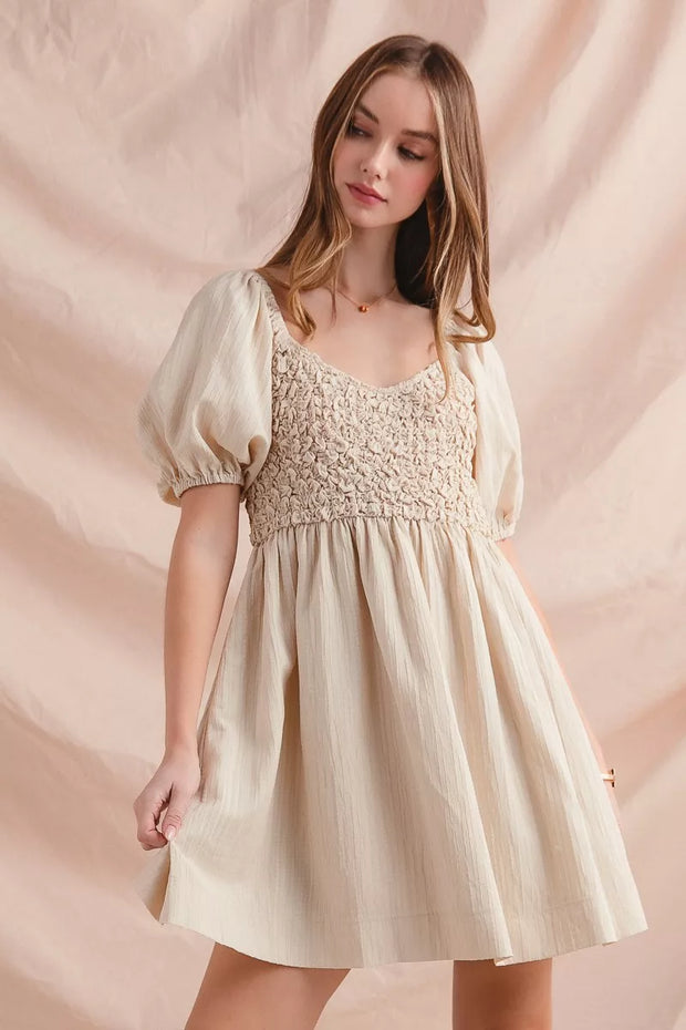SO ME Textured Woven Daily Dress with Puff Sleeves-Dresses-Trendsi-DUSTY PINK-S-[option4]-[option5]-[option6]-[option7]-[option8]-Shop-Boutique-Clothing-for-Women-Online
