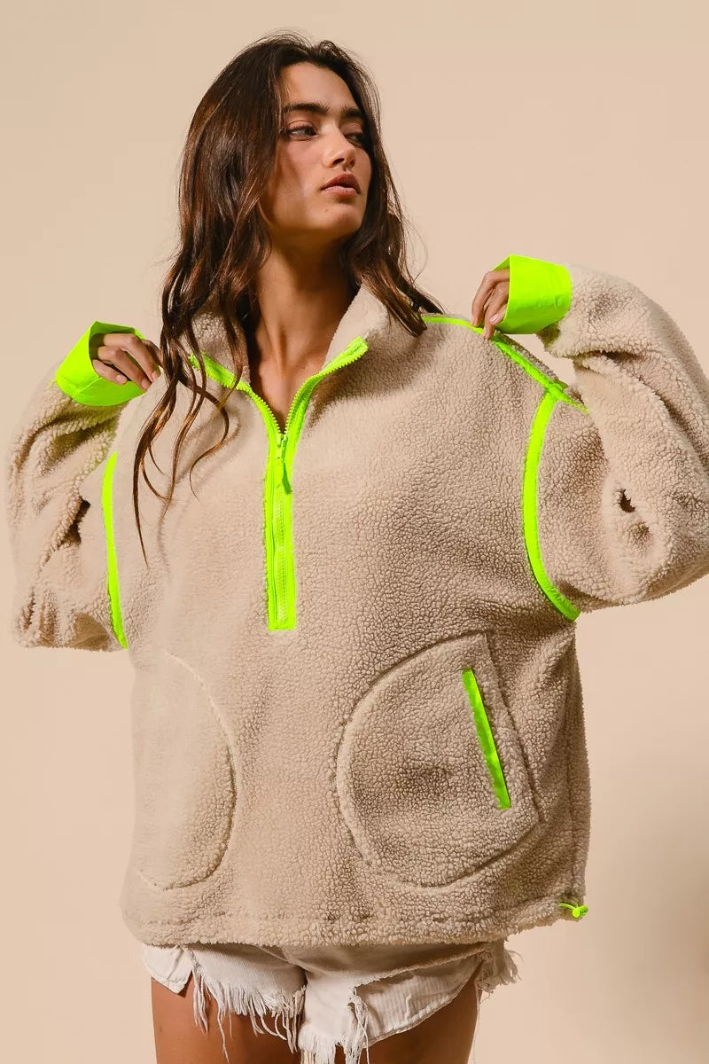 BiBi Contrast Edge Half Zip Up Sherpa Jacket-Jacket-Trendsi-[option4]-[option5]-[option6]-[option7]-[option8]-Shop-Boutique-Clothing-for-Women-Online