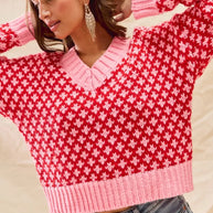 SO ME Color Block Textured Christmas Sweater V Neck Top-Sweaters-Trendsi-[option4]-[option5]-[option6]-[option7]-[option8]-Shop-Boutique-Clothing-for-Women-Online
