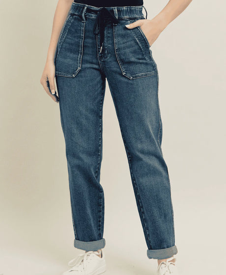 Judy Blue Full Size HW Vintage Wash Jeans w/ Drawstring-Pants-Trendsi-Dark-0/24-[option4]-[option5]-[option6]-[option7]-[option8]-Shop-Boutique-Clothing-for-Women-Online