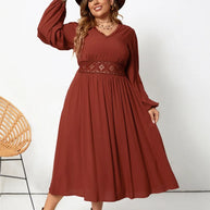 Plus Size Lace Detail V-Neck Balloon Sleeve Dress-Dresses-Trendsi-Brown-0XL-[option4]-[option5]-[option6]-[option7]-[option8]-Shop-Boutique-Clothing-for-Women-Online