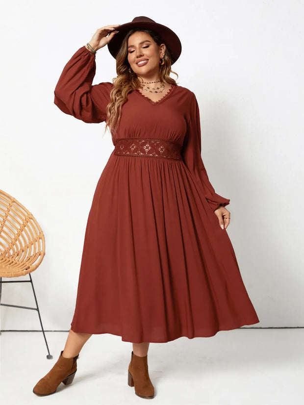 Plus Size Lace Detail V-Neck Balloon Sleeve Dress-Dresses-Trendsi-Brown-0XL-[option4]-[option5]-[option6]-[option7]-[option8]-Shop-Boutique-Clothing-for-Women-Online