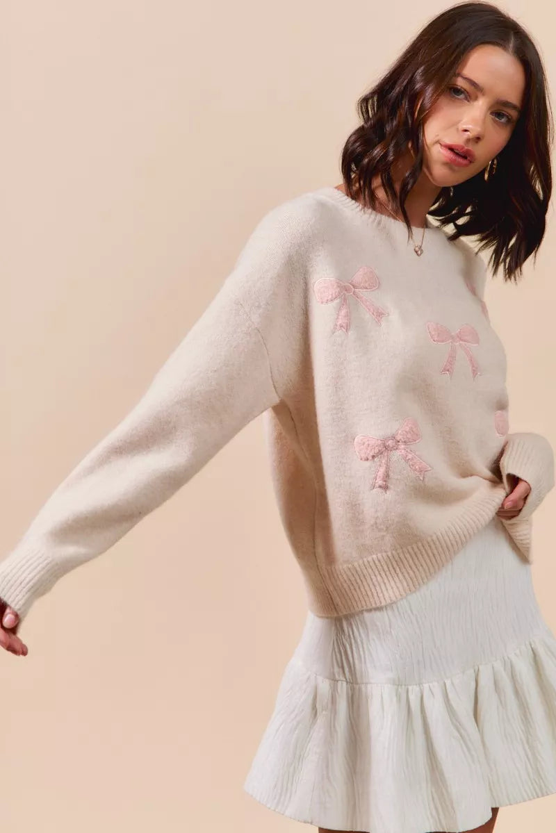 SO ME Embroidered Ribbon Round Neck Sweater-Sweaters-Trendsi-[option4]-[option5]-[option6]-[option7]-[option8]-Shop-Boutique-Clothing-for-Women-Online