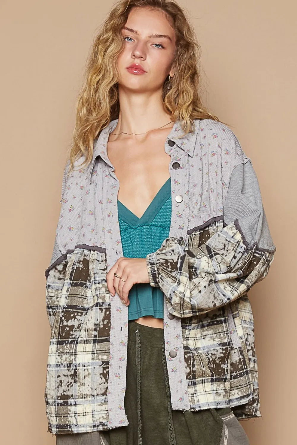 POL Balloon Sleeve Floral Color Block Plaid Shirt-Shirts-Trendsi-Brown/Grey-S-[option4]-[option5]-[option6]-[option7]-[option8]-Shop-Boutique-Clothing-for-Women-Online