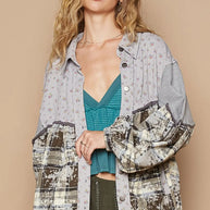 POL Balloon Sleeve Floral Color Block Plaid Shirt-Shirts-Trendsi-Brown/Grey-S-[option4]-[option5]-[option6]-[option7]-[option8]-Shop-Boutique-Clothing-for-Women-Online