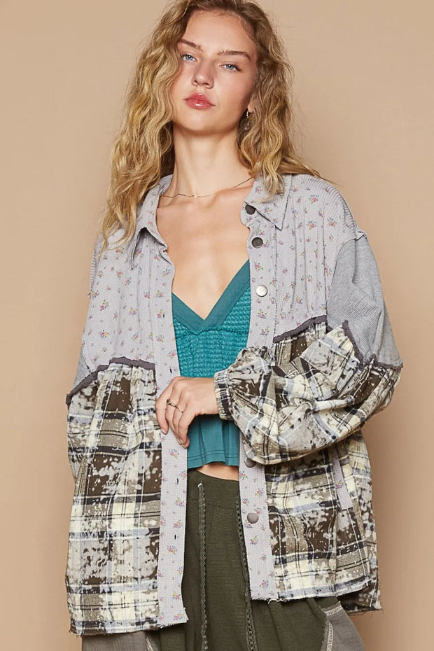 POL Balloon Sleeve Floral Color Block Plaid Shirt-Shirts-Trendsi-Brown/Grey-S-[option4]-[option5]-[option6]-[option7]-[option8]-Shop-Boutique-Clothing-for-Women-Online