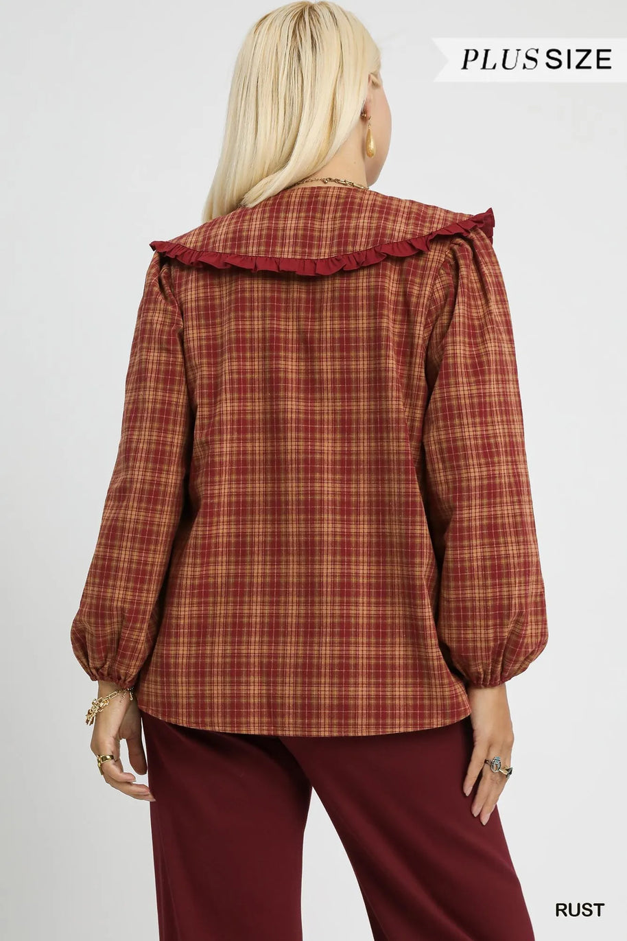 Umgee Full Size Plaid Ruffle Collar Blouse-Blouses-Trendsi-[option4]-[option5]-[option6]-[option7]-[option8]-Shop-Boutique-Clothing-for-Women-Online