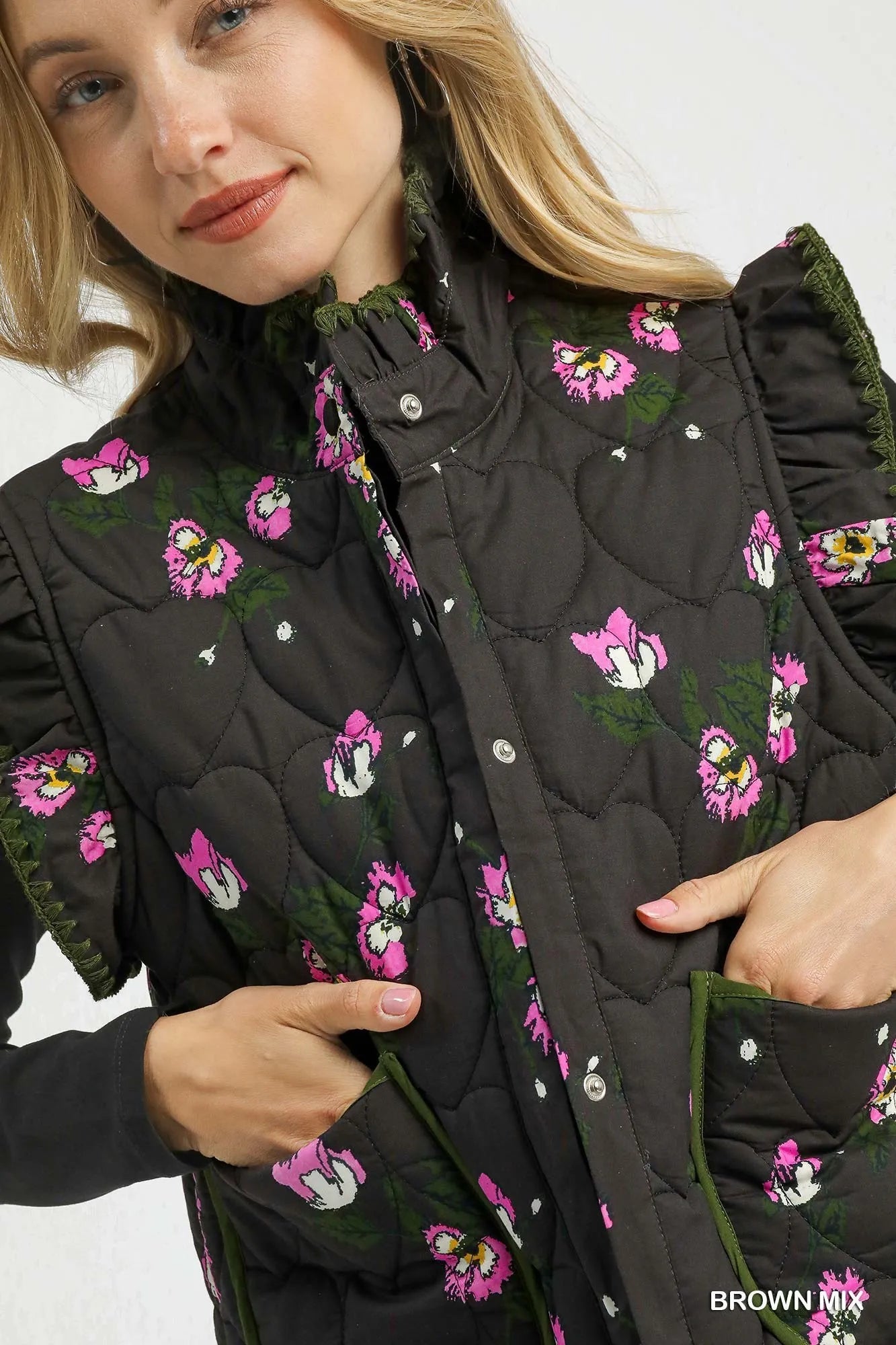 Umgee Ruffled Quilted Floral Snap Down Vest-Vest-Trendsi-[option4]-[option5]-[option6]-[option7]-[option8]-Shop-Boutique-Clothing-for-Women-Online