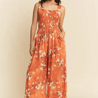 Davi & Dani Floral Ruffle Square Neck Smocking Bodice Jumpsuit-Jumpsuits & Rompers-Trendsi-Orange-S-[option4]-[option5]-[option6]-[option7]-[option8]-Shop-Boutique-Clothing-for-Women-Online