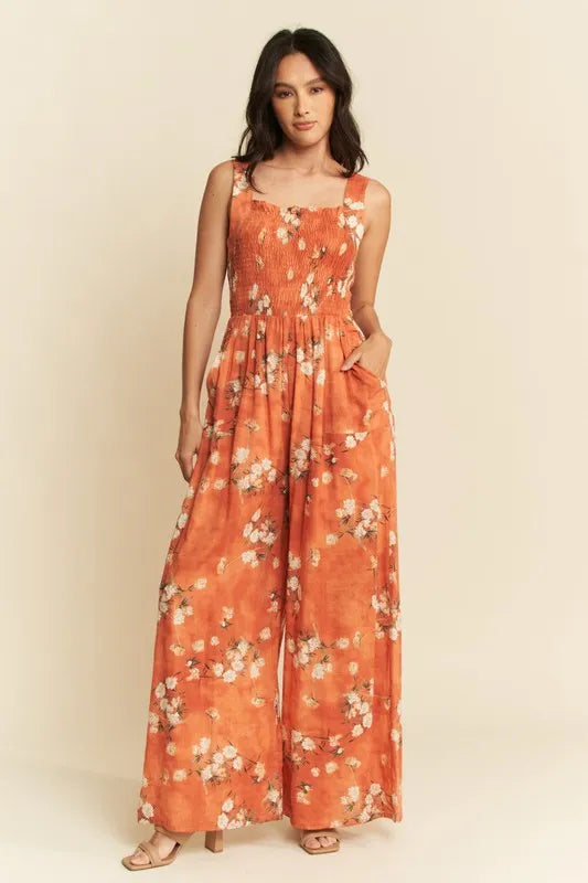 Davi & Dani Floral Ruffle Square Neck Smocking Bodice Jumpsuit-Jumpsuits & Rompers-Trendsi-Orange-S-[option4]-[option5]-[option6]-[option7]-[option8]-Shop-Boutique-Clothing-for-Women-Online