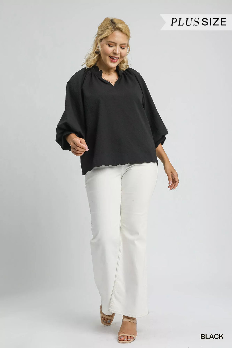 Umgee Full Size Textured Notched Balloon Sleeve Blouse-Blouses-Trendsi-[option4]-[option5]-[option6]-[option7]-[option8]-Shop-Boutique-Clothing-for-Women-Online