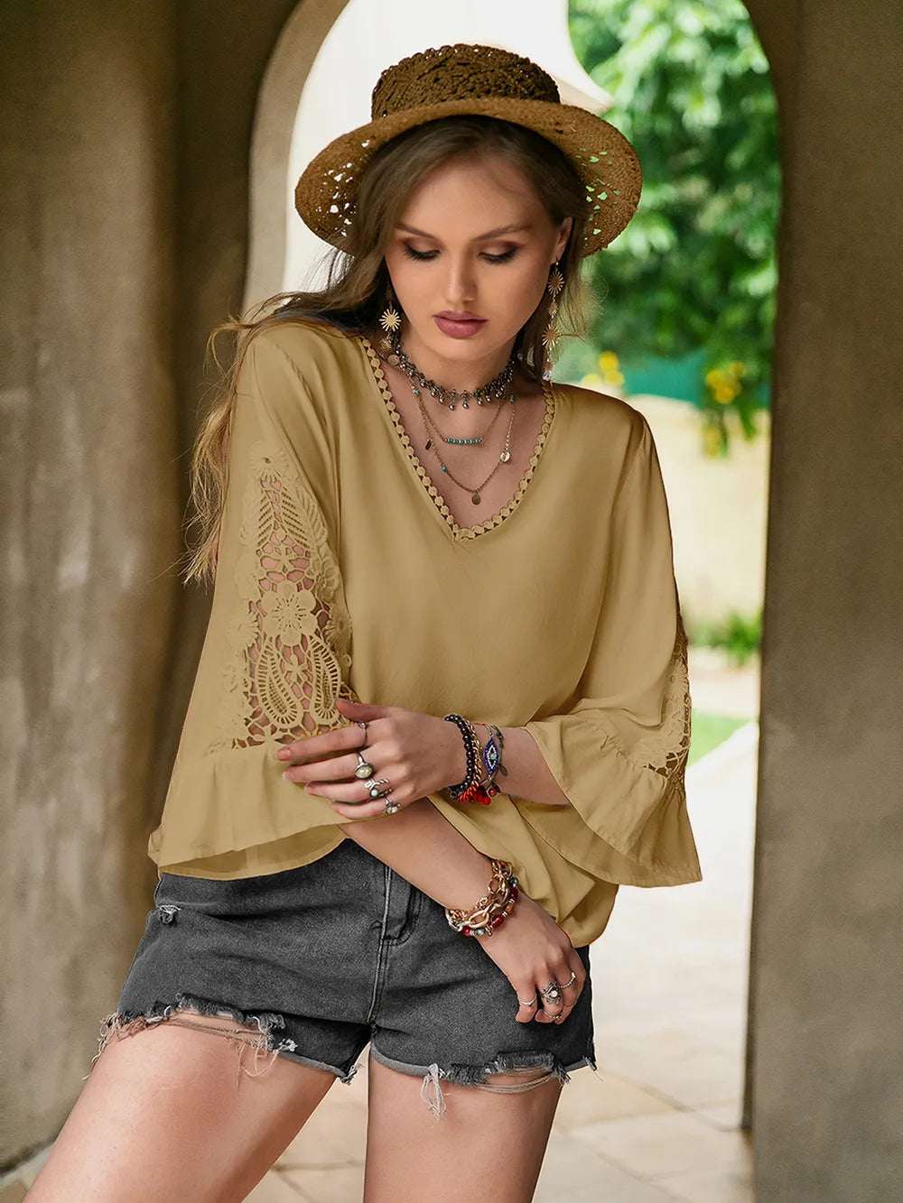 Plus Size Lace Detail V-Neck Flounce Sleeve Blouse-Blouses-Trendsi-[option4]-[option5]-[option6]-[option7]-[option8]-Shop-Boutique-Clothing-for-Women-Online