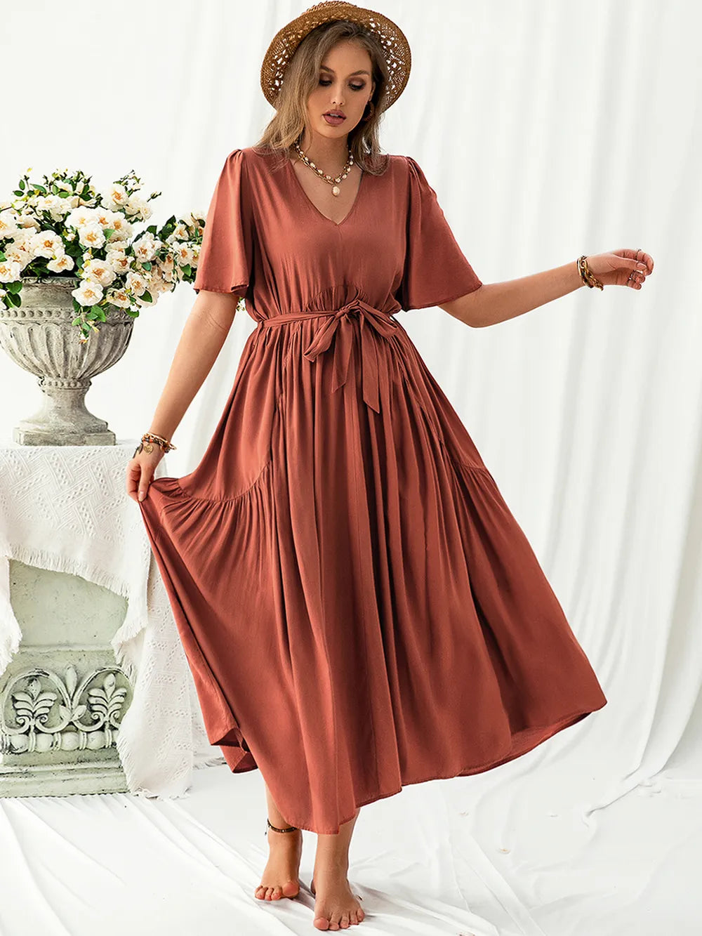 Plus Size V-Neck Flutter Sleeve Dress-Dresses-Trendsi-Rust-0XL-[option4]-[option5]-[option6]-[option7]-[option8]-Shop-Boutique-Clothing-for-Women-Online