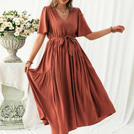 Plus Size V-Neck Flutter Sleeve Dress-Dresses-Trendsi-Rust-0XL-[option4]-[option5]-[option6]-[option7]-[option8]-Shop-Boutique-Clothing-for-Women-Online