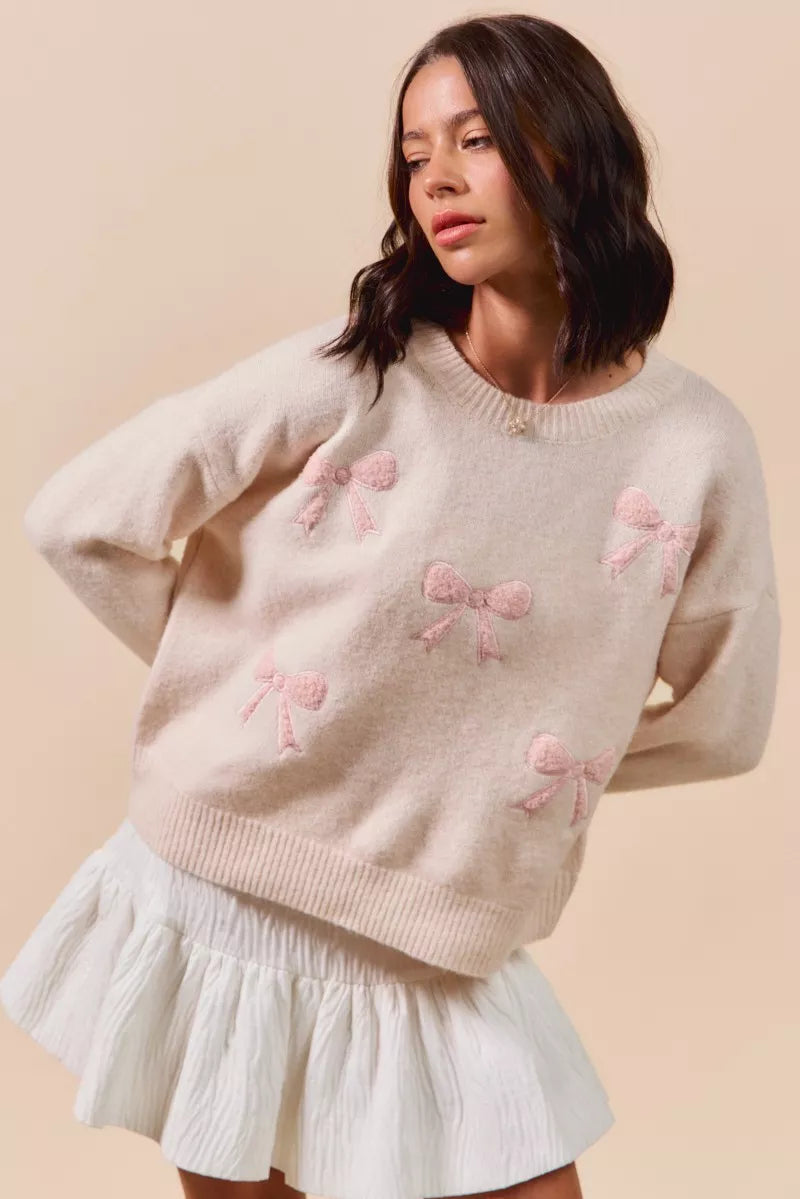 SO ME Embroidered Ribbon Round Neck Sweater-Sweaters-Trendsi-[option4]-[option5]-[option6]-[option7]-[option8]-Shop-Boutique-Clothing-for-Women-Online