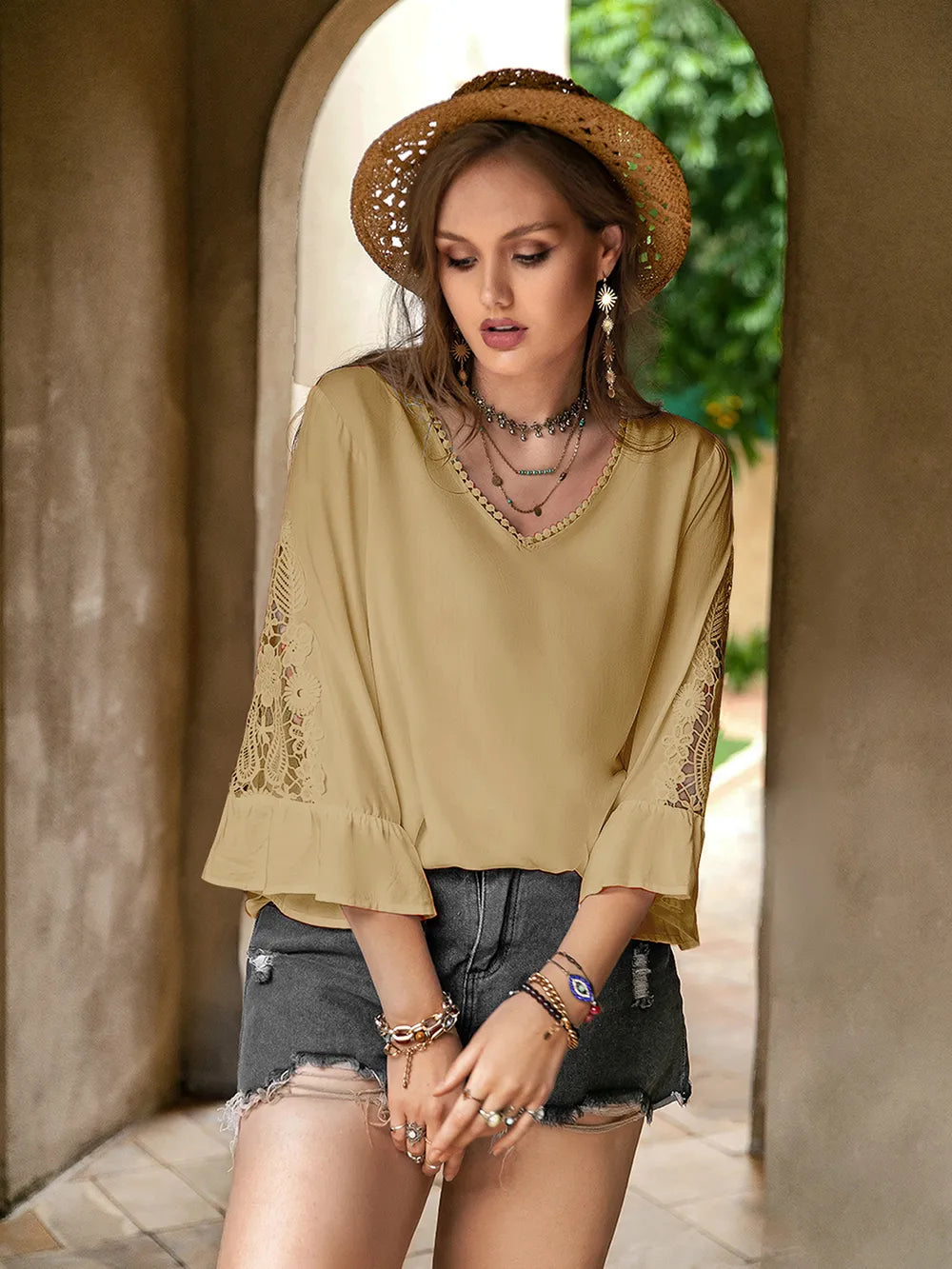 Plus Size Lace Detail V-Neck Flounce Sleeve Blouse-Blouses-Trendsi-Camel-0XL-[option4]-[option5]-[option6]-[option7]-[option8]-Shop-Boutique-Clothing-for-Women-Online