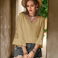 Plus Size Lace Detail V-Neck Flounce Sleeve Blouse-Blouses-Trendsi-Camel-0XL-[option4]-[option5]-[option6]-[option7]-[option8]-Shop-Boutique-Clothing-for-Women-Online