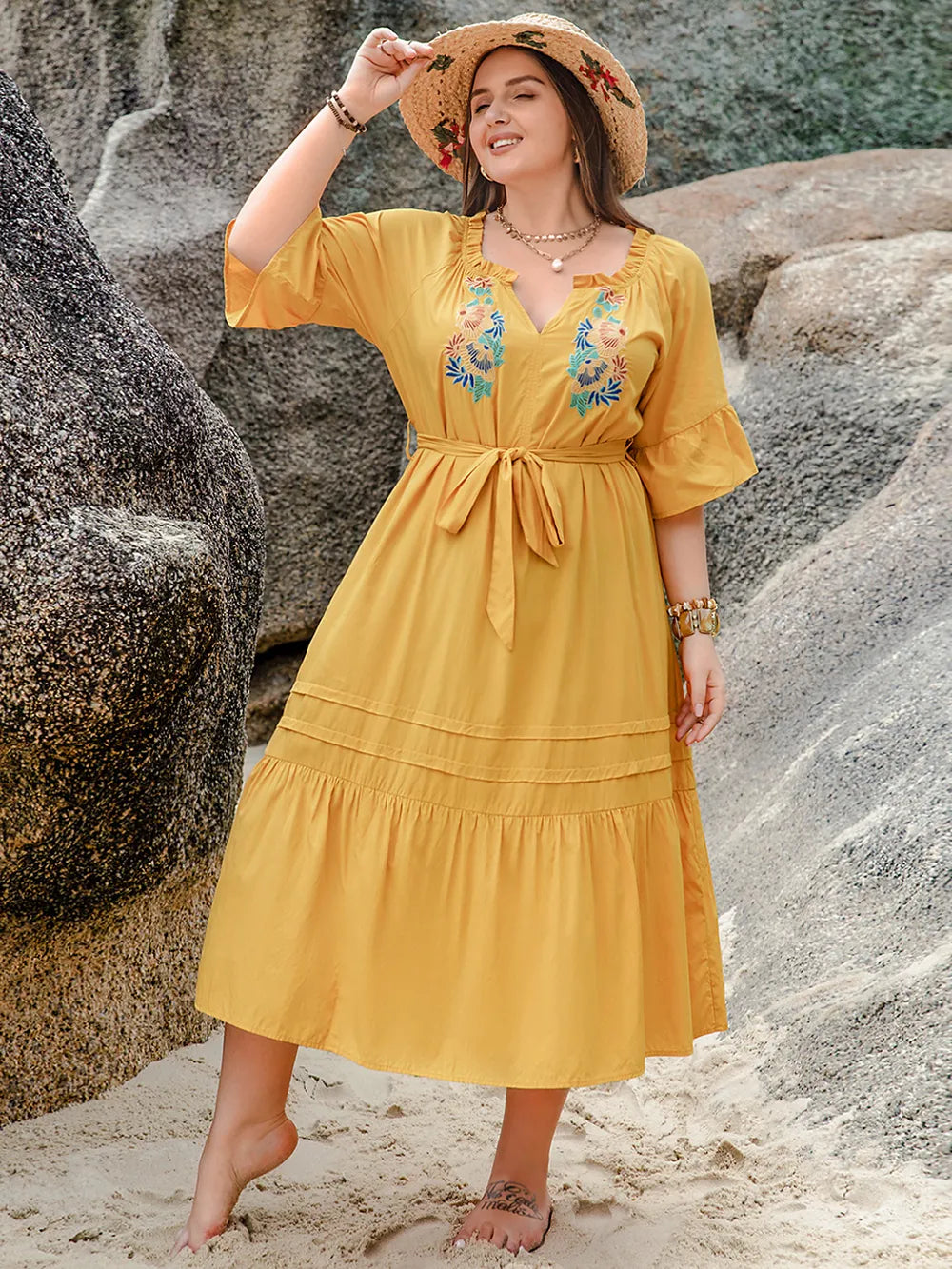 Plus Size Notched Tie Waist Half Sleeve Midi Dress-Dresses-Trendsi-Gold-0XL-[option4]-[option5]-[option6]-[option7]-[option8]-Shop-Boutique-Clothing-for-Women-Online