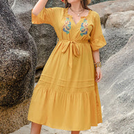 Plus Size Notched Tie Waist Half Sleeve Midi Dress-Dresses-Trendsi-Gold-0XL-[option4]-[option5]-[option6]-[option7]-[option8]-Shop-Boutique-Clothing-for-Women-Online