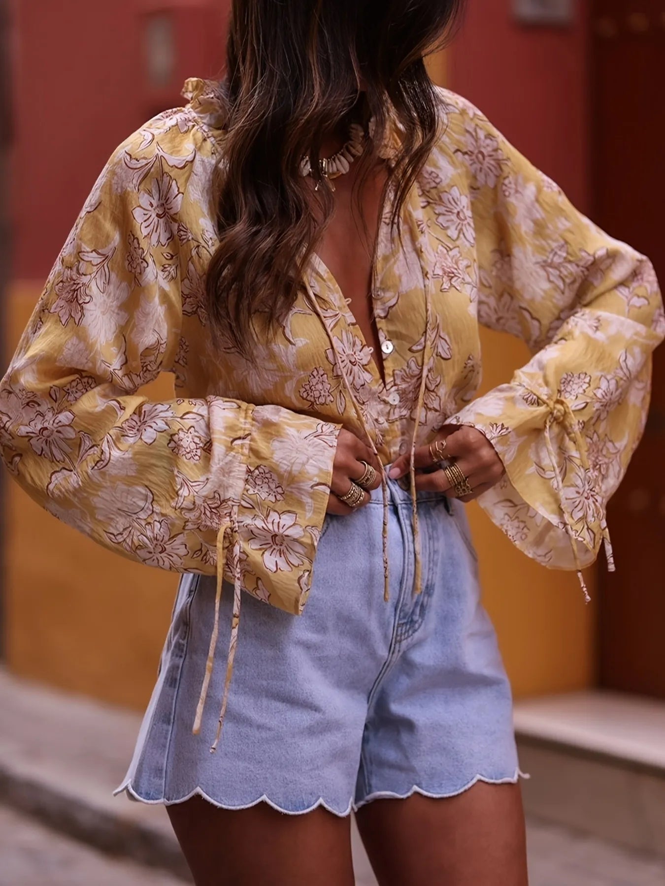 Printed Tie Neck Flounce Sleeve Blouse-Tops-Trendsi-Yellow-S-[option4]-[option5]-[option6]-[option7]-[option8]-Shop-Boutique-Clothing-for-Women-Online