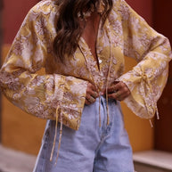 Printed Tie Neck Flounce Sleeve Blouse-Tops-Trendsi-Yellow-S-[option4]-[option5]-[option6]-[option7]-[option8]-Shop-Boutique-Clothing-for-Women-Online