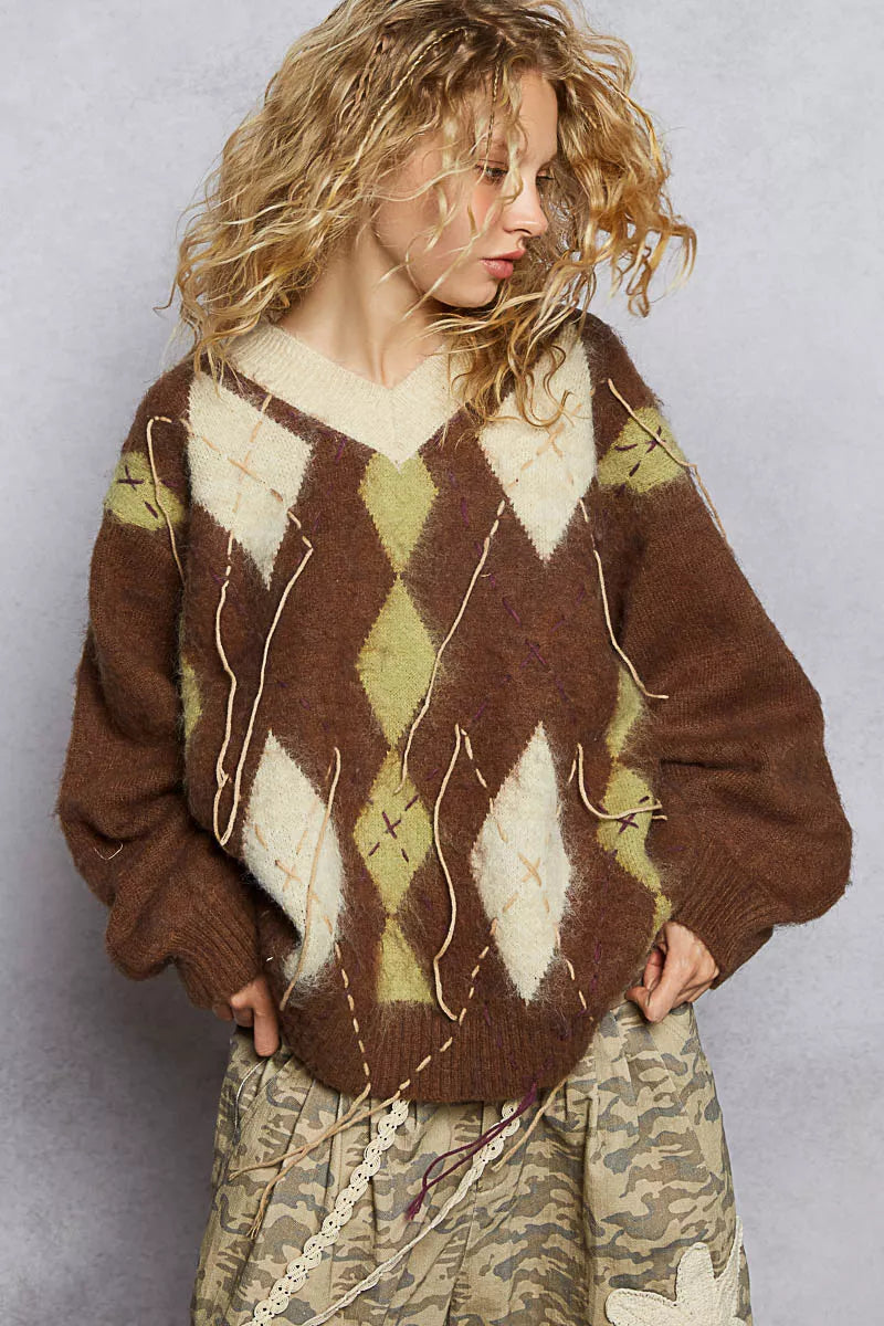 POL V-Neck Argyle Pattern Mohair Sweater with Contrast Exposed Stitch Detail-sweater-Trendsi-[option4]-[option5]-[option6]-[option7]-[option8]-Shop-Boutique-Clothing-for-Women-Online