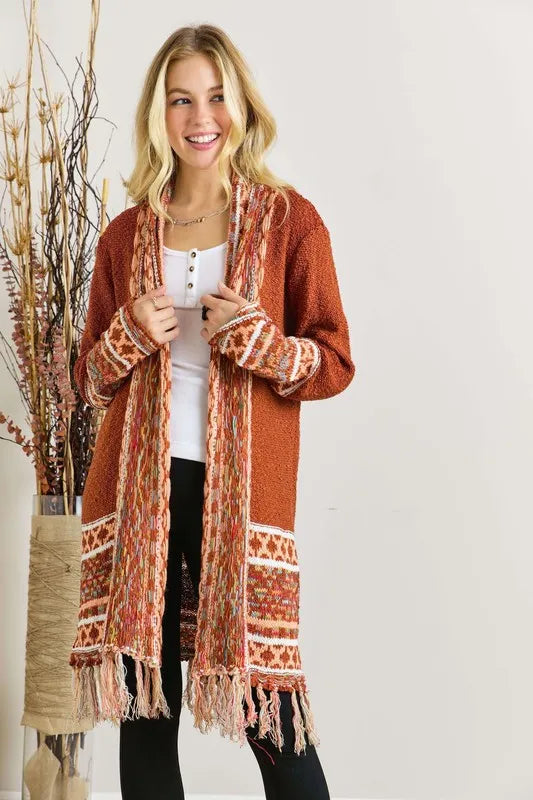 ADORA Full Size Fringe Hem Aztec Border Cardigan-Cardigan-Trendsi-RUST-S/M-[option4]-[option5]-[option6]-[option7]-[option8]-Shop-Boutique-Clothing-for-Women-Online