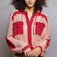 POL Texture Woven Button Down Hooded Shirt with Drawstring Hem-Shirts-Trendsi-BLUSH RED MULTI-S-[option4]-[option5]-[option6]-[option7]-[option8]-Shop-Boutique-Clothing-for-Women-Online