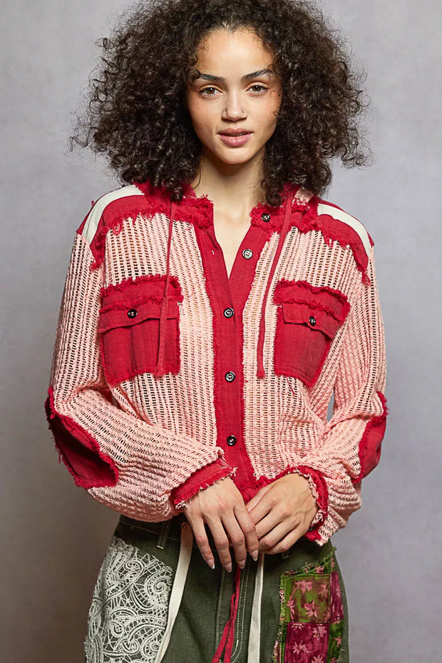 POL Texture Woven Button Down Hooded Shirt with Drawstring Hem-Shirts-Trendsi-BLUSH RED MULTI-S-[option4]-[option5]-[option6]-[option7]-[option8]-Shop-Boutique-Clothing-for-Women-Online