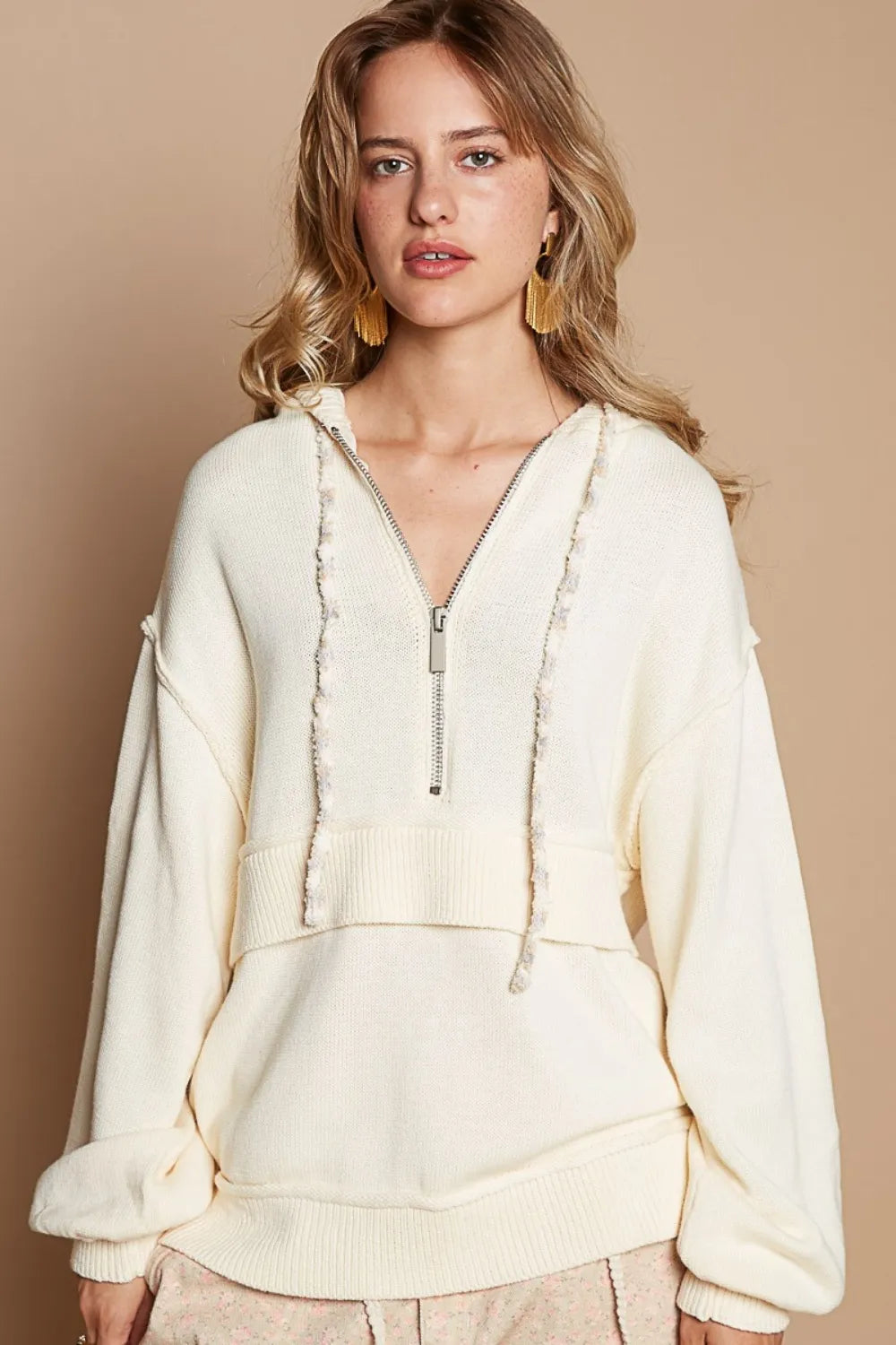 POL Half Zip Drop Shoulder Hooded Sweater-Sweaters-Trendsi-Provence Cream-S-[option4]-[option5]-[option6]-[option7]-[option8]-Shop-Boutique-Clothing-for-Women-Online