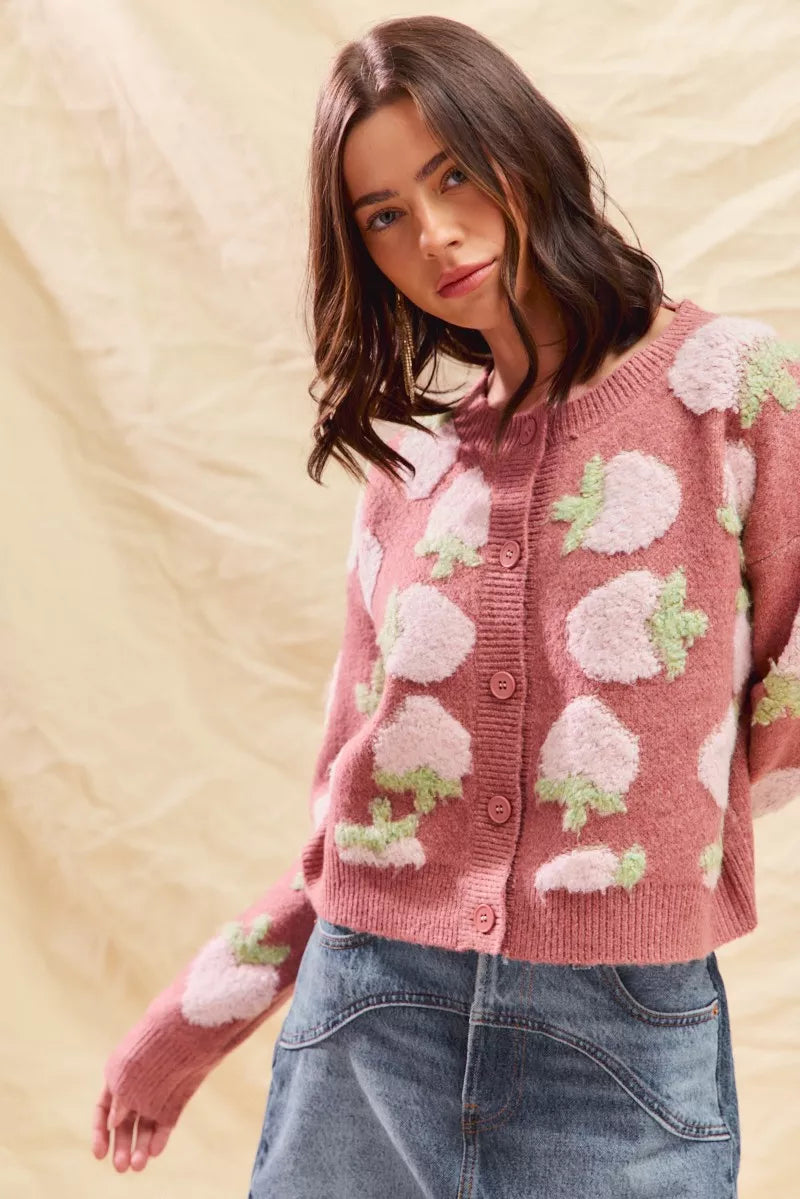 SO ME Strawberry Fruit All Over Button Sweater Cardigan-Cardigan-Trendsi-[option4]-[option5]-[option6]-[option7]-[option8]-Shop-Boutique-Clothing-for-Women-Online