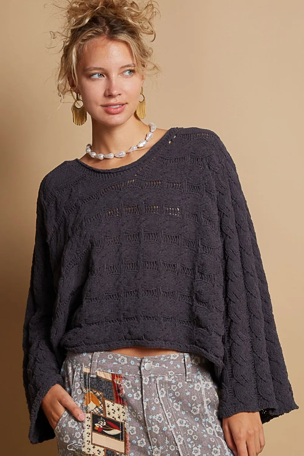 POL Round Neck Cable Knit Cropped Sweater-Sweaters-Trendsi-Charcoal-S-[option4]-[option5]-[option6]-[option7]-[option8]-Shop-Boutique-Clothing-for-Women-Online