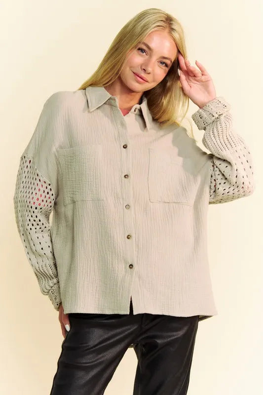 Davi & Dani Crochet Sleeve Crinkled Texture Shirt-Blouses-Trendsi-[option4]-[option5]-[option6]-[option7]-[option8]-Shop-Boutique-Clothing-for-Women-Online