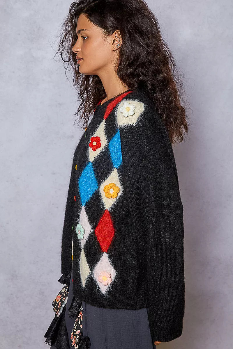 POL Button Down Diamond Pattern Round Neck Cardigan-Cardigan-Trendsi-[option4]-[option5]-[option6]-[option7]-[option8]-Shop-Boutique-Clothing-for-Women-Online