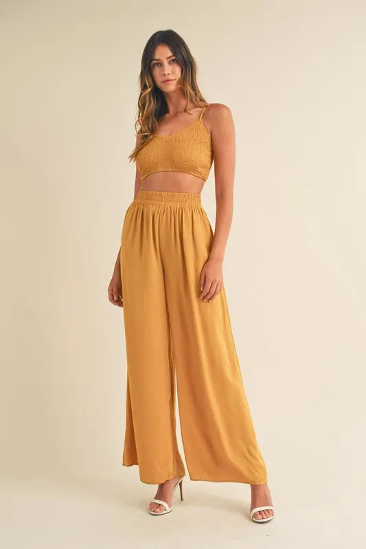 MABLE Smocked Bralette Crop Top and Wide Leg Pants Set-Sets-Trendsi-Gold Mustard-S-[option4]-[option5]-[option6]-[option7]-[option8]-Shop-Boutique-Clothing-for-Women-Online