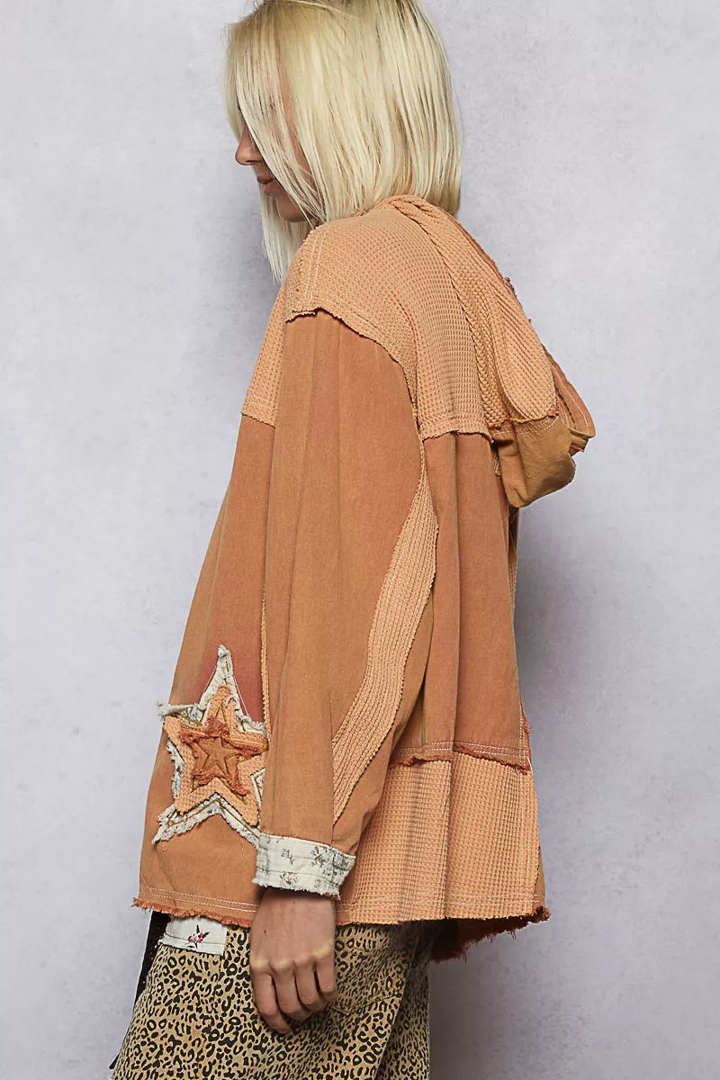POL Button Down Hooded Jacket with with Star Patch Pattern-Coats & Jackets-Trendsi-[option4]-[option5]-[option6]-[option7]-[option8]-Shop-Boutique-Clothing-for-Women-Online