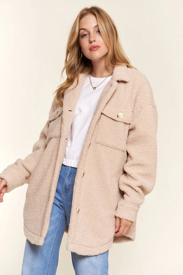 And The Why Teddy Sherpa Button Down Curved Hem Shacket-Womens Outerwear/Shacket-Trendsi-Natural-S-[option4]-[option5]-[option6]-[option7]-[option8]-Shop-Boutique-Clothing-for-Women-Online