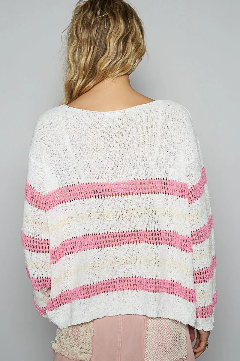 POL Striped Openwork Round Neck Knit Top-knit top-Trendsi-[option4]-[option5]-[option6]-[option7]-[option8]-Shop-Boutique-Clothing-for-Women-Online