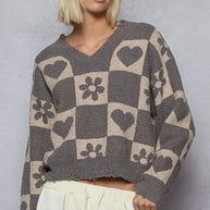 POL V-Neck Heart Pattern Checkered Sweater-Sweaters-Trendsi-GHOST GREY/BEIGE-S-[option4]-[option5]-[option6]-[option7]-[option8]-Shop-Boutique-Clothing-for-Women-Online