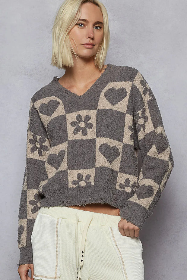 POL V-Neck Heart Pattern Checkered Sweater-Sweaters-Trendsi-GHOST GREY/BEIGE-S-[option4]-[option5]-[option6]-[option7]-[option8]-Shop-Boutique-Clothing-for-Women-Online
