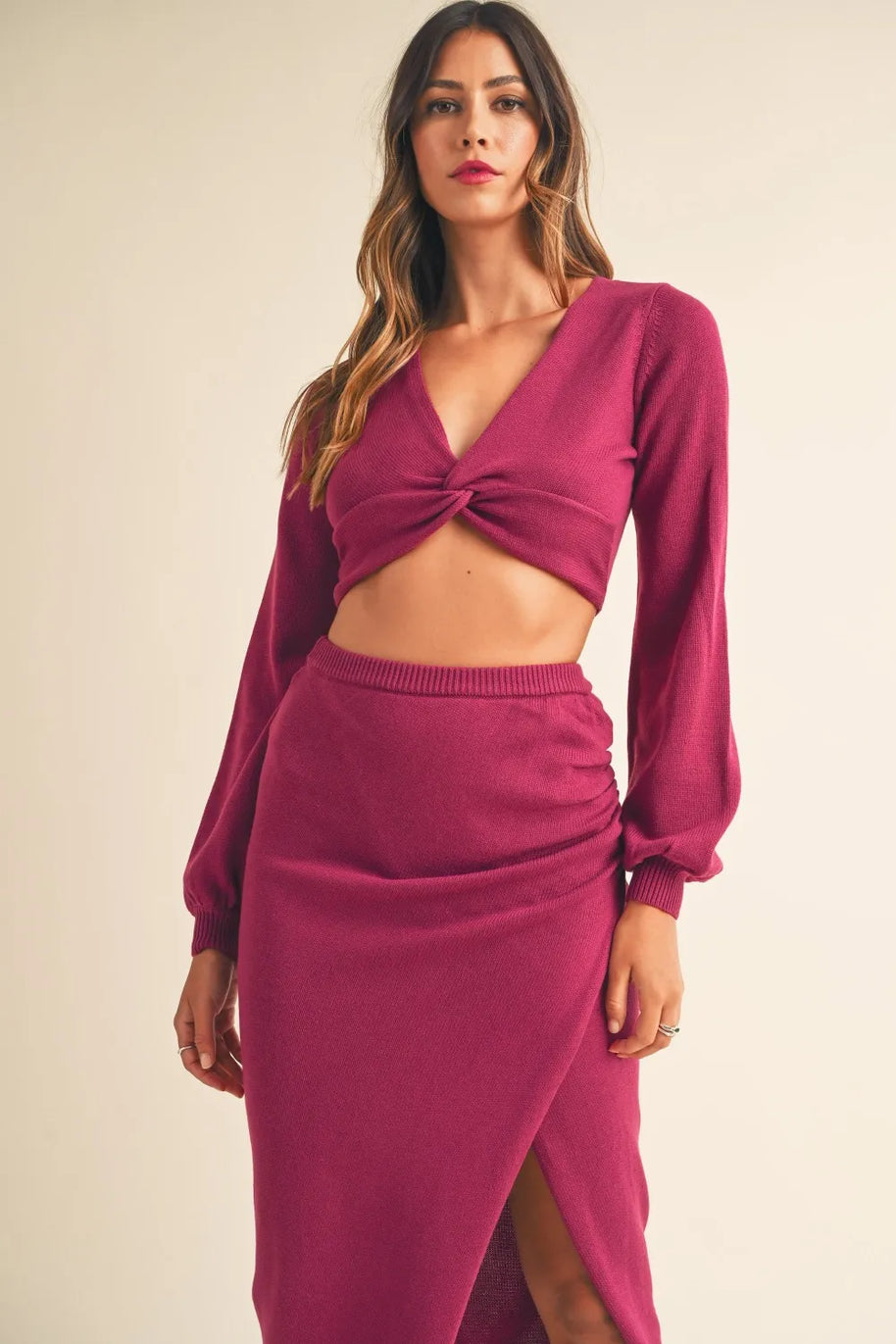 MABLE Front Twisted Knit Top and Midi Skirt Set-two piece set-Trendsi-Magenta-S-[option4]-[option5]-[option6]-[option7]-[option8]-Shop-Boutique-Clothing-for-Women-Online