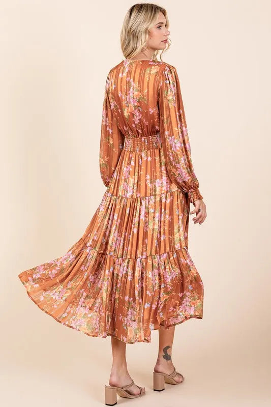 Mittoshop Flower Print Satin Lurex Stripe Smocked Midi Dress-Dresses-Trendsi-[option4]-[option5]-[option6]-[option7]-[option8]-Shop-Boutique-Clothing-for-Women-Online
