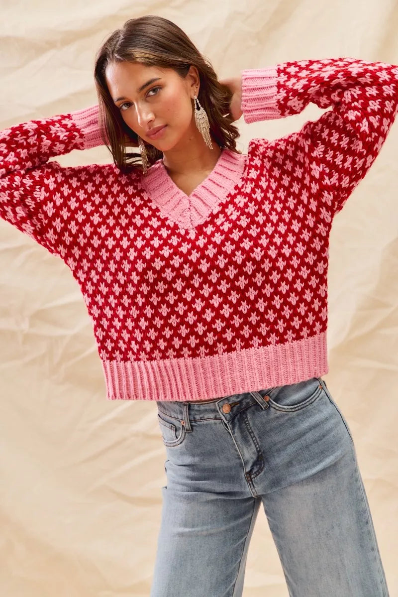 SO ME Color Block Textured Christmas Sweater V Neck Top-Sweaters-Trendsi-[option4]-[option5]-[option6]-[option7]-[option8]-Shop-Boutique-Clothing-for-Women-Online