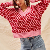 SO ME Color Block Textured Christmas Sweater V Neck Top-Sweaters-Trendsi-[option4]-[option5]-[option6]-[option7]-[option8]-Shop-Boutique-Clothing-for-Women-Online