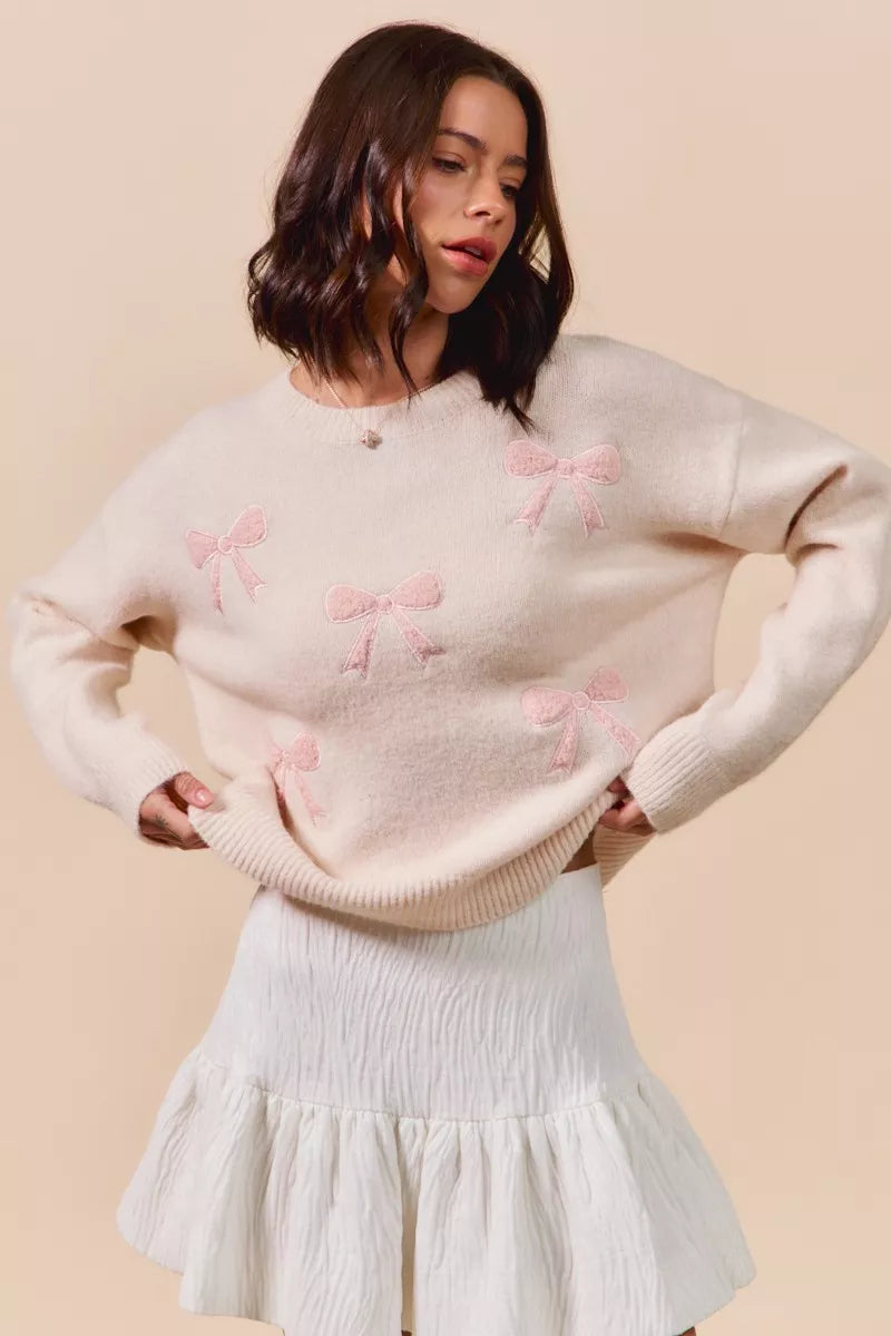 SO ME Embroidered Ribbon Round Neck Sweater-Sweaters-Trendsi-[option4]-[option5]-[option6]-[option7]-[option8]-Shop-Boutique-Clothing-for-Women-Online