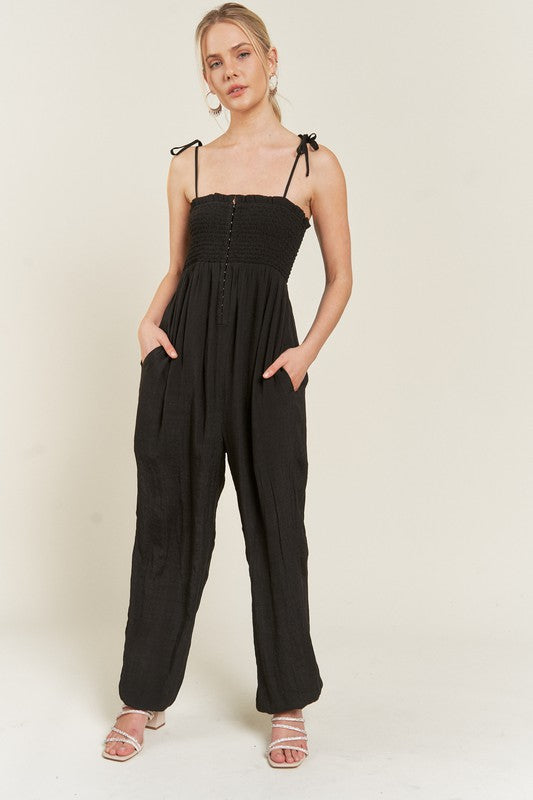 SMOCKED TIE STRAP JUMPSUIT PLUS SIZE-Jade By Jane-BLACK-1X-[option4]-[option5]-[option6]-[option7]-[option8]-Shop-Boutique-Clothing-for-Women-Online